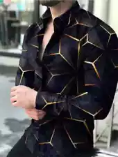 Button Up  Shirt Men Black Gold Graphic Contrast Party Long Sleeve Fashion Dress