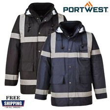 Image of Portwest Hi Vis Lite Iona Traffic Jacket Waterproof Quilt Lined Hood Safety Work