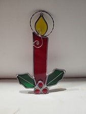 Vintage Stained Glass Christmas Candle Sun Catcher Holly Red Green Hanging