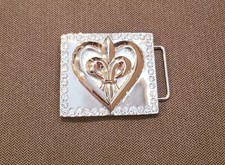 Womens Belt Buckle Heart with Fleur De lis, Rhinestone embellished.