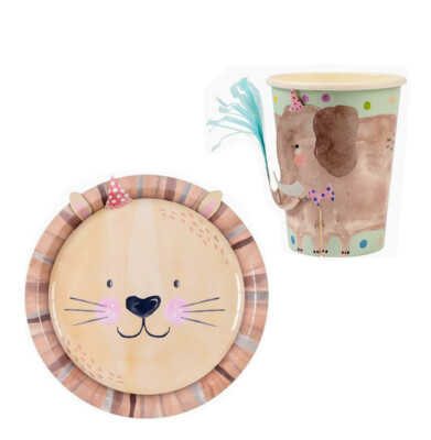 Kinder Partygeschirr. 16 Löwen Pappteller & 16 Elefantenbecher. Paperchase