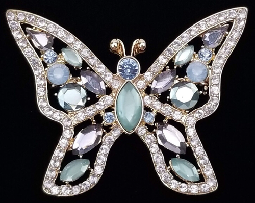 VINTAGE NAPIER Rhinestone Butterfly Brooch Pin Blue Green Gray Gold ...