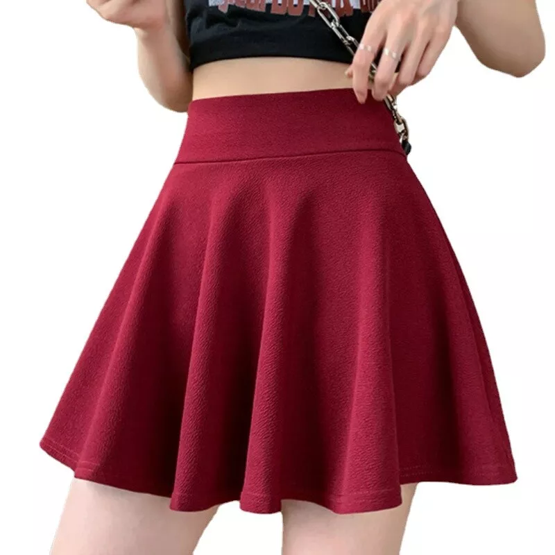 Lady Stretch Flared Pleated Mini Skater Skirt with Shorts High Waist A-line  Red