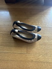 Authentic Chanel Black Beige Cap Toe Elastic Trim Leather Pumps Size 38.5