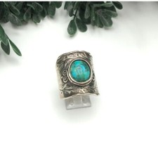 Vintage sterling ring, wide silver tone band, oval turquoise gem