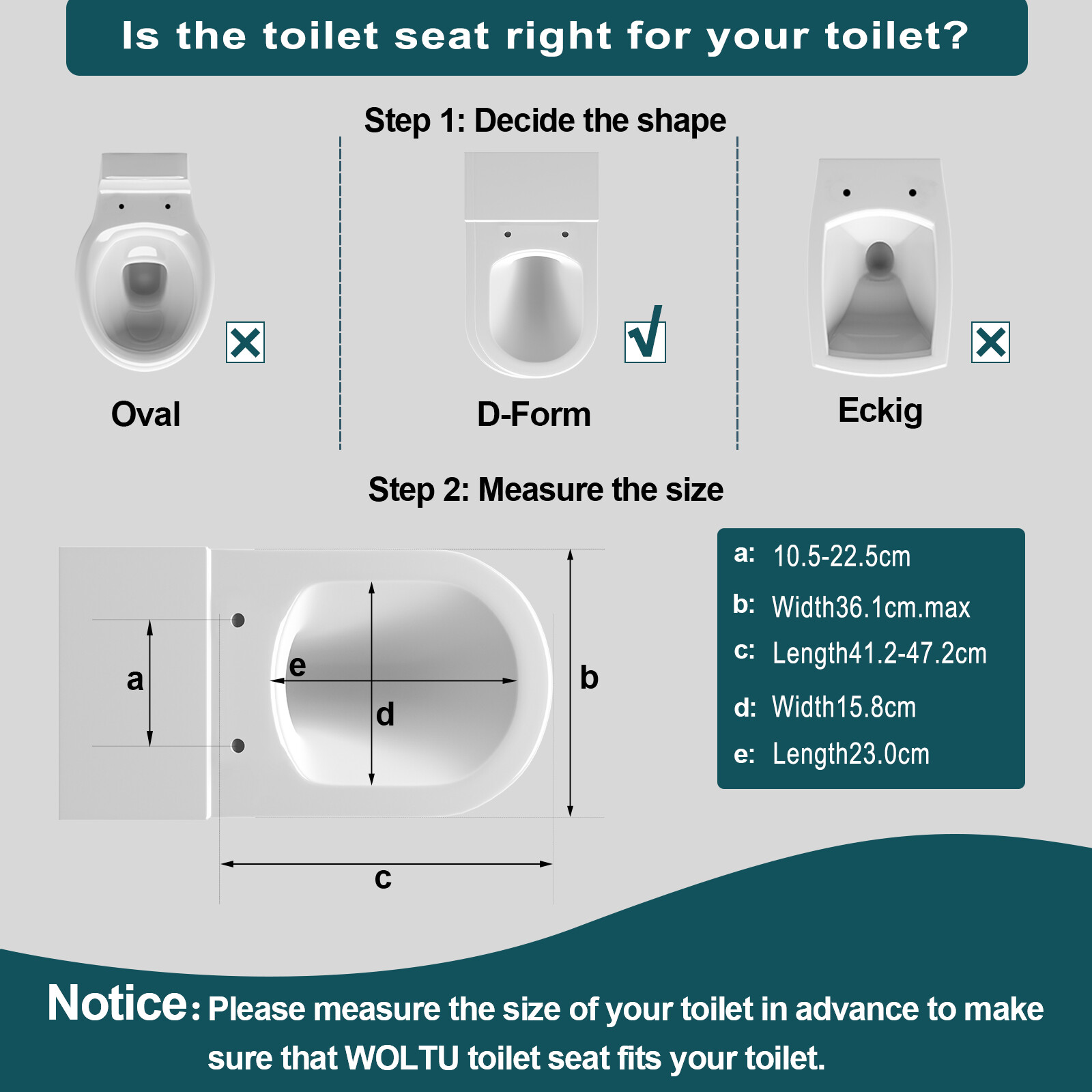 WOLTU Toilet Seat D Shape Soft Close Adjustable Hinge Toilet Lid Cover