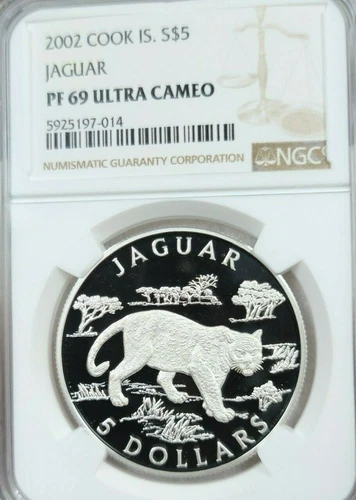 2002 COOK ISLANDS SILVER 5 DOLLARS JAGUAR NGC PF 69 ULTRA CAMEO RARE TOP POP 1