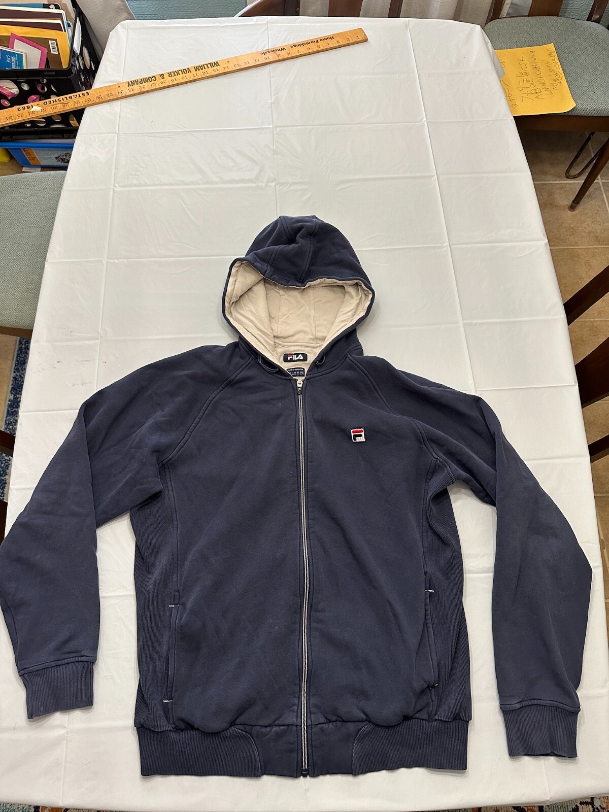 Giacca con cappuccio Fila taglia XL blu navy cerniera intera vintage anni 2000 manica lunga da uomo