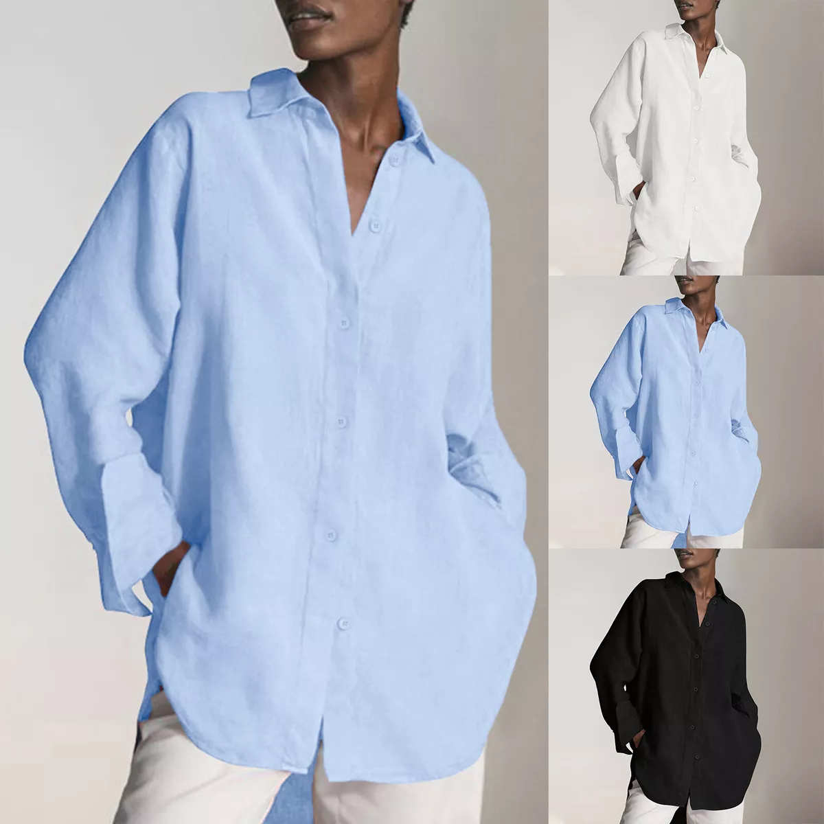 Women's Summer Stand Collar Loose Button Up Solid Color Shirt Casual  Comfort Top