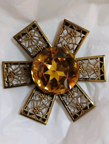 Vintage JEANNE Large Faceted SMOKEY CRYSTAL Rhinstone GLASS PIN  BROOCH RARE - Picture 1 of 16