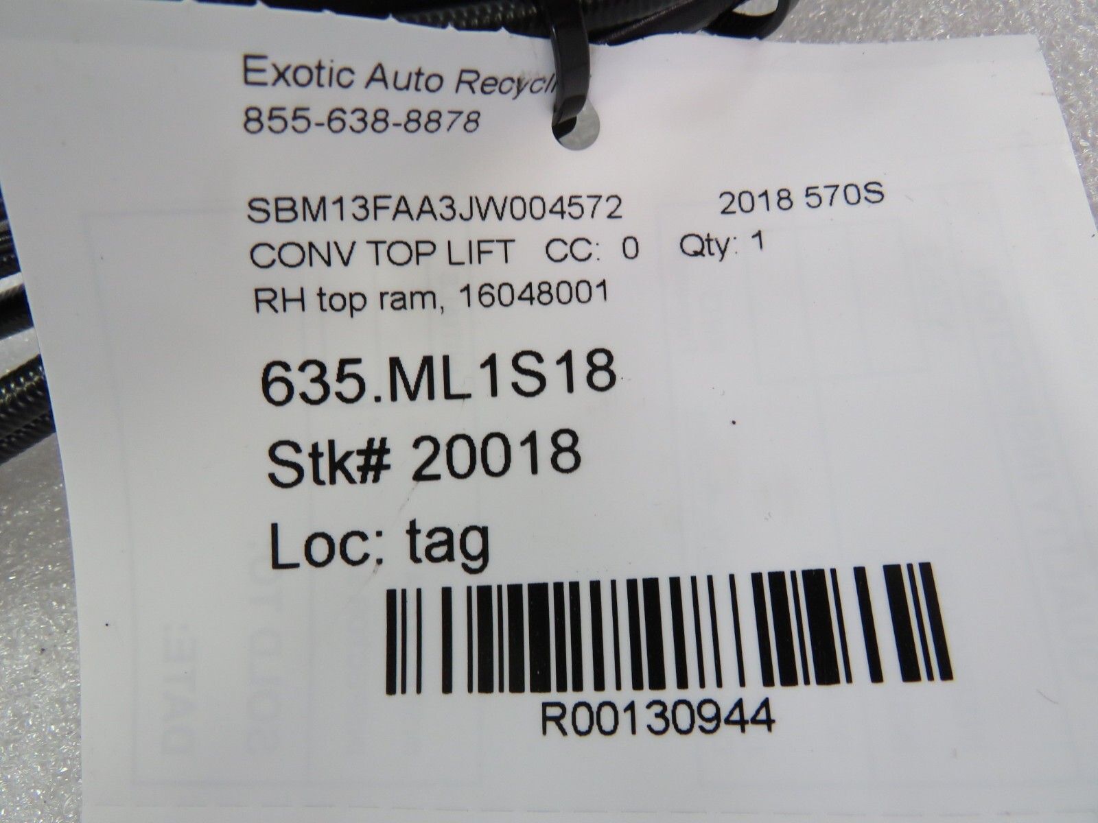 Mclaren 570S, RH, Right, Hydraulic Top Ram w/ Lines, Used, P/N 16048001