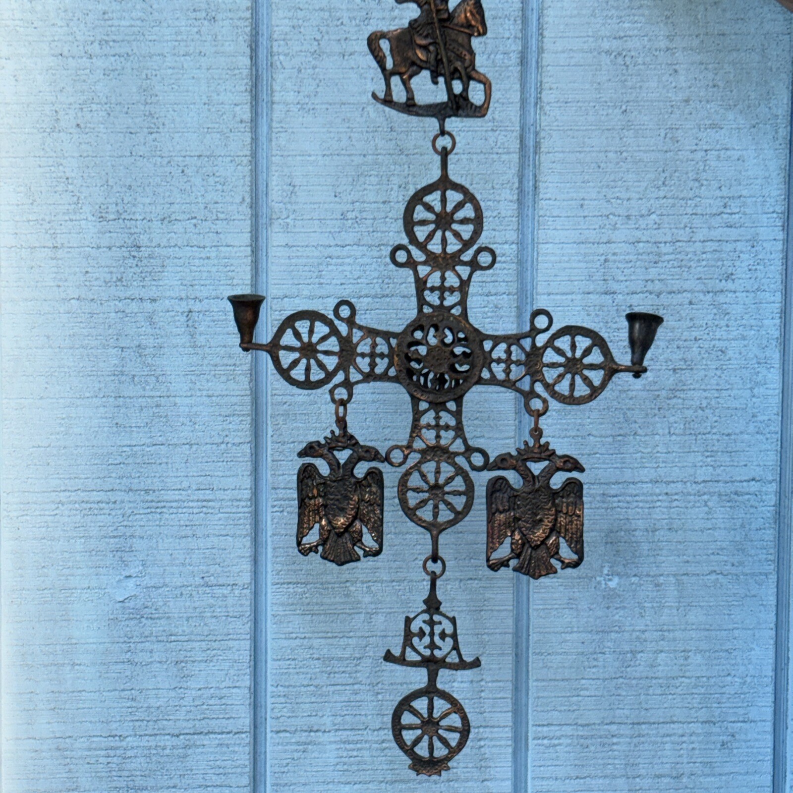 Brass Byzantine Cross Hanging Candle Holder 2 Faced Eagles Separate Hook VTG Old
