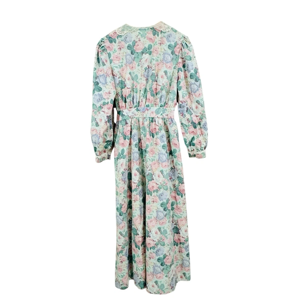 VTG 80s Komar Floral Lace House Robe Dress Cottage Granny Victorian Pockets SZ L - Image 3 of 4