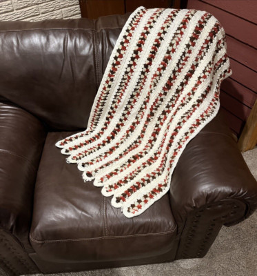 Vintage Homemade Crochet Afghan Lap Blanket 47x22 white, red, green
