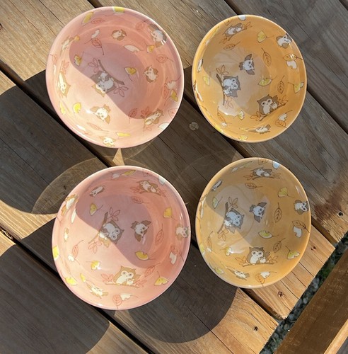 Japanese Rice Soup Bowl 6"D Porcelain Pink/Peach Blossom Forest Lucky Owl 4-Set - Picture 6 of 11