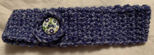 NEW HAND MADE BABY HEAD BAND 0-3 MTHS BLUE MARL WITH VINTAGE STYLE BUTTON FLOWER