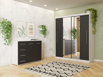 Set Schwebetürenschrank TORINO I Kommode FRIDA 01 Weiß/Schwarz