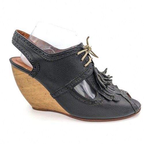 Rachel Comey Sing Black Leather Slingback Lace Up Wood Peep Wedge Womens 9.5 - Picture 4 of 10