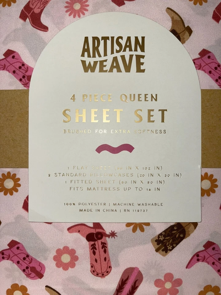 Juego de ropa de cama rosa Western botas de vaquero y flores tejido artesanal REINA 4 piezas Foto 2 de 4