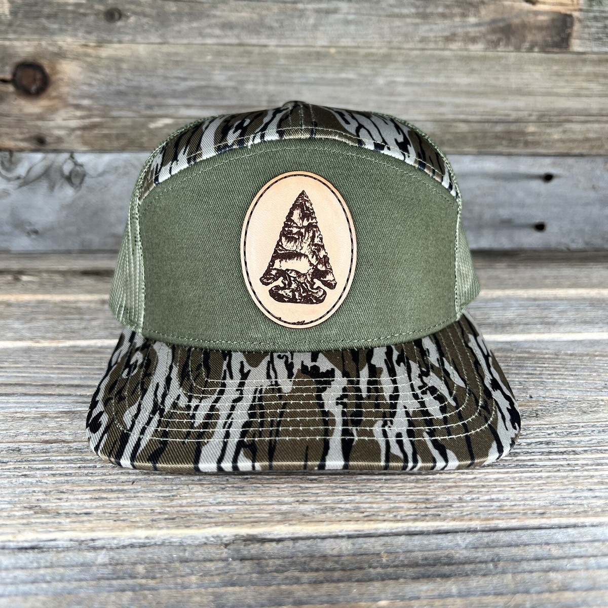 Arrowhead Bottomland Camo 7 Panel Leather Patch Trucker Hat | eBay