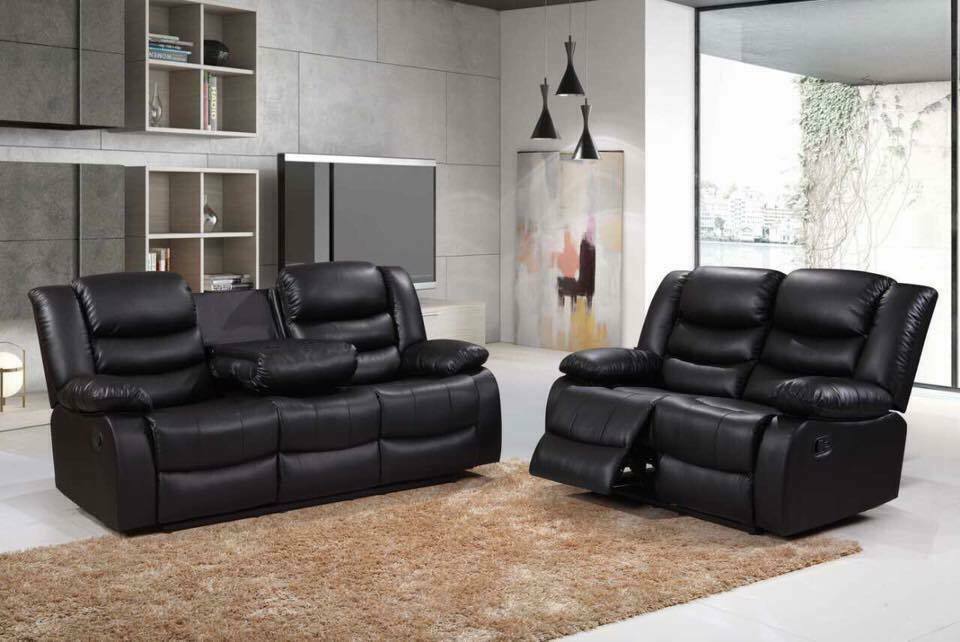 Reno full air leather sofa set recliner with cup holders black