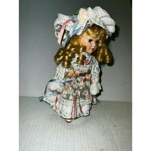 Vintage Porzellanpuppe Mädchen blond lockig Haar blau Augen viktorianisches Kostüm - Bild 3 von 3