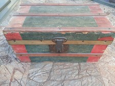 ANTIQUE COUNTRY WOOD & METAL DOLL TOY TRUNK with TRAY,  Painted/Wallpapered