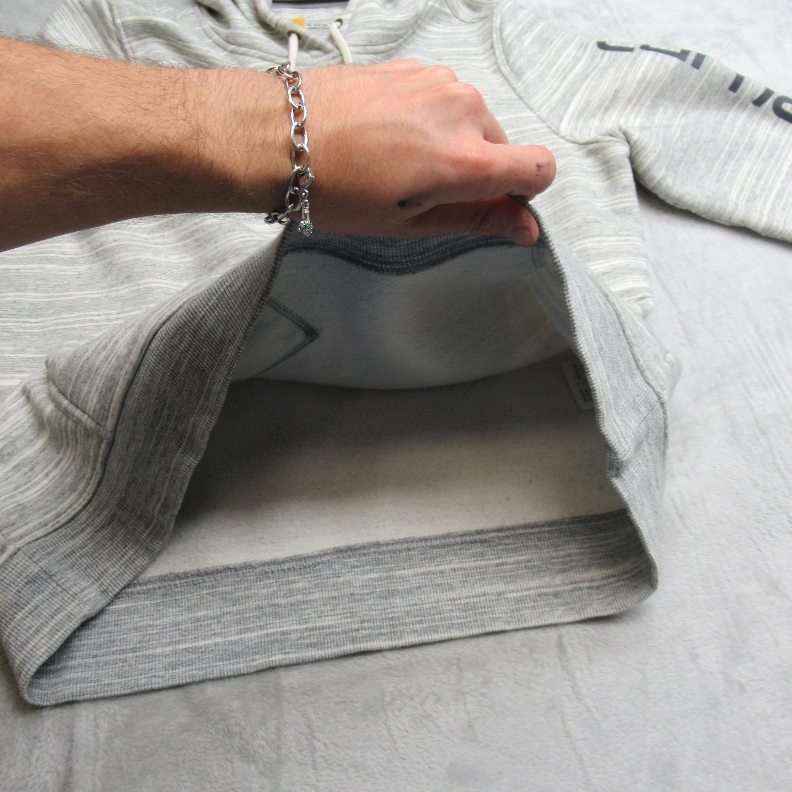 Carhartt Hoodie Womens Large 12/14 White Heather Striped Sleeve Logo Pullover thumbnail 5