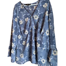 Venezia Women's Blue Floral Print Wrap Style Blouse Bell Sleeves Size 18 20