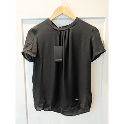 DSQUARED2 Black 100% Silk Short Sleeve Gathered Neck Blouse Sz 38 Made in Italy