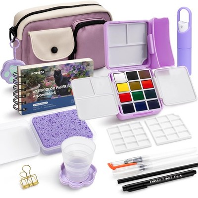 Mini Watercolor Paint Set All-in-One Pocket Travel Kit 12 Colors Journal Brush