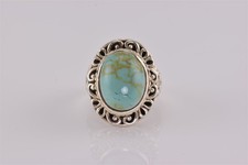 Sterling Silver Oval Blue Turquoise Scrolled Bezel Band Ring 925 Sz: 6