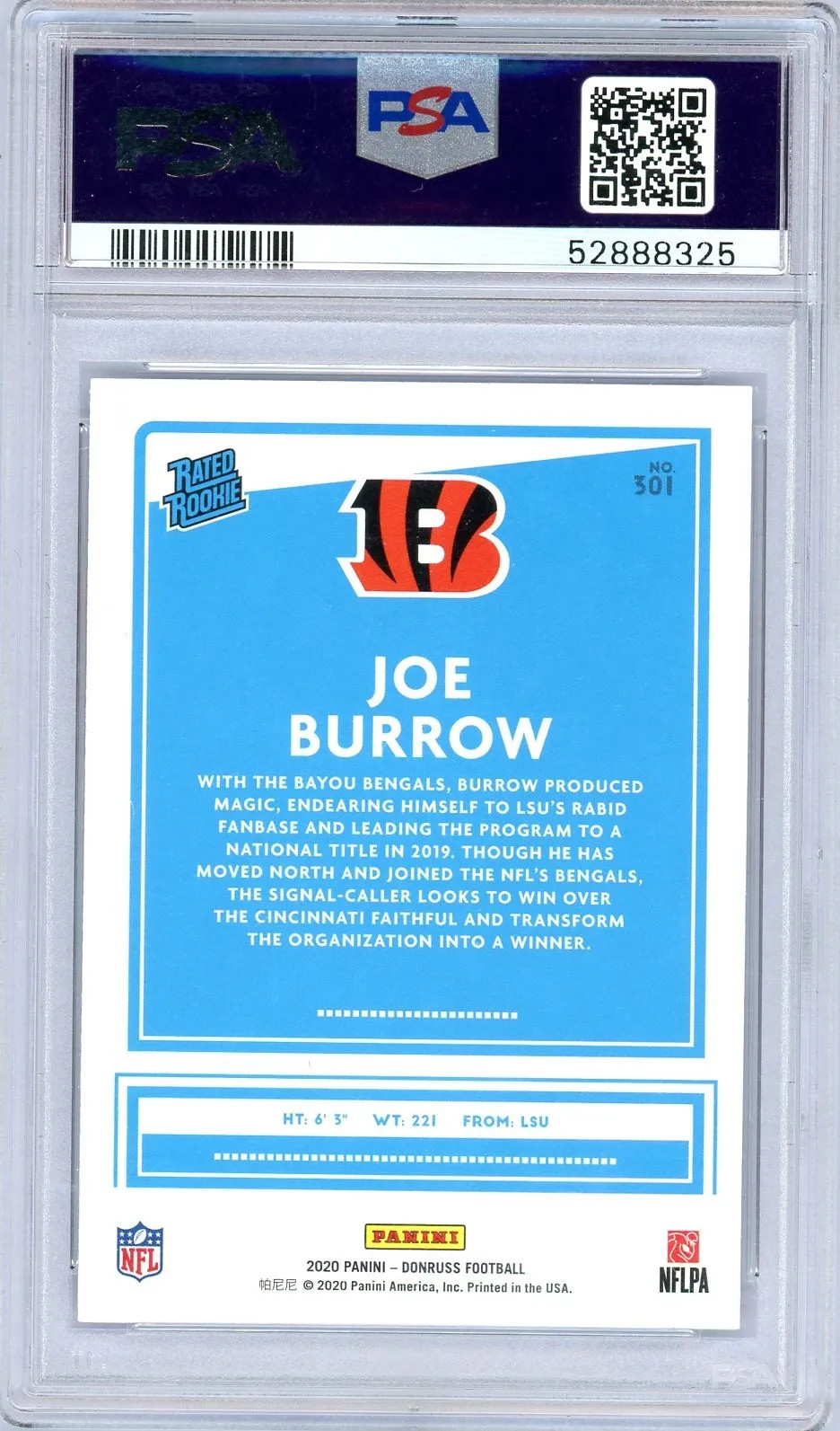 2020 Panini Donruss Joe Burrow #301 PSA 10 Rated Rookie RC Bengals view 2