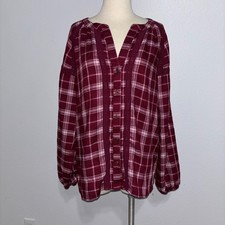 Kate & Sam Burgundy Plaid Peasant Blouse M Lace Trim Long Sleeve Boho Casual