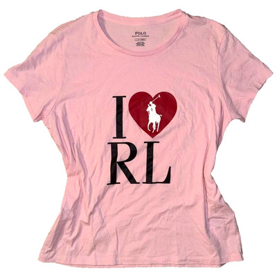POLO Ralph Lauren Big Pony I Heart RL Babydoll Tee Shirt Women's Lg Pink Vintage