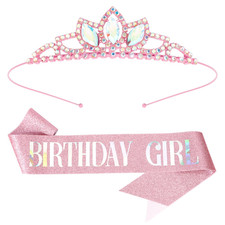 Pink Birthday Tiara Crown for Girls - Crystal Rhinestone Princess Headband Acces