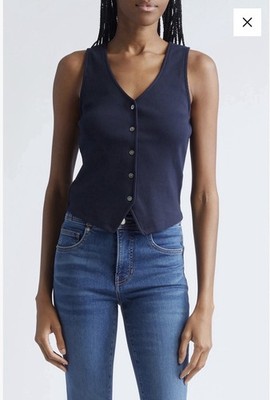 Veronica Beard Horne Ribbed Tank Top Navy Button Front Sleeveless Knit Small NWT
