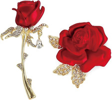 2Pcs Crystal Red Rose Flower Brooch Pin for Women Men Wedding Party, Elegant Ena