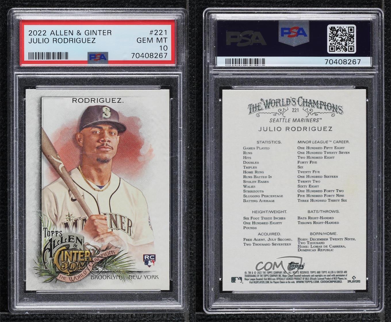 2022 Topps Allen & Ginter Julio Rodriguez #221 PSA 10 GEM MT Rookie RC