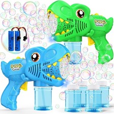 Kids Bubble Gun 2 Pack Dino Machine 4 Solutions 13-Hole for Outdoor