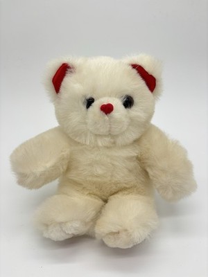 Fukei White Fluffy Teddy Bear Red Heart Nose Feet 8  Plush Stuffed Animal