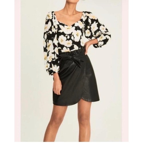 ba&sh Fancy Top Women L Black White Floral Silk Blend Puff Sleeve ...