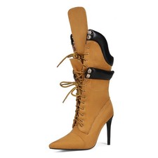 Sexy Workwear Lace Up Denim Pointed Toe Slim High Heels Women's Short Boots Sz