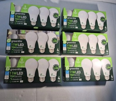 Greenlite 11W LED Light Bulbs 75W Equivalent Dimmable 3000K A19 Lot of 6 4-Packs