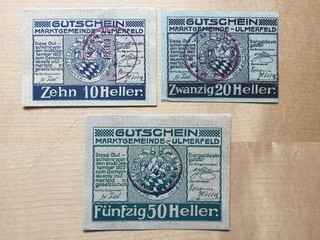 ULMERFELD: 10 20 und 50 Heller alle Scheine mit Gemeindestempel Vorderseite