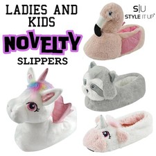 Girls Ladies Animal Slippers Novelty Face Fleece Childrens Matching Mum Daughter