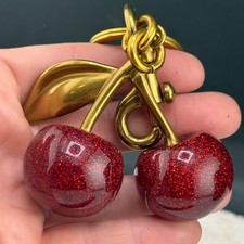 Cherry Keychain Bag Charm Red Glitter Resin Gold Tone