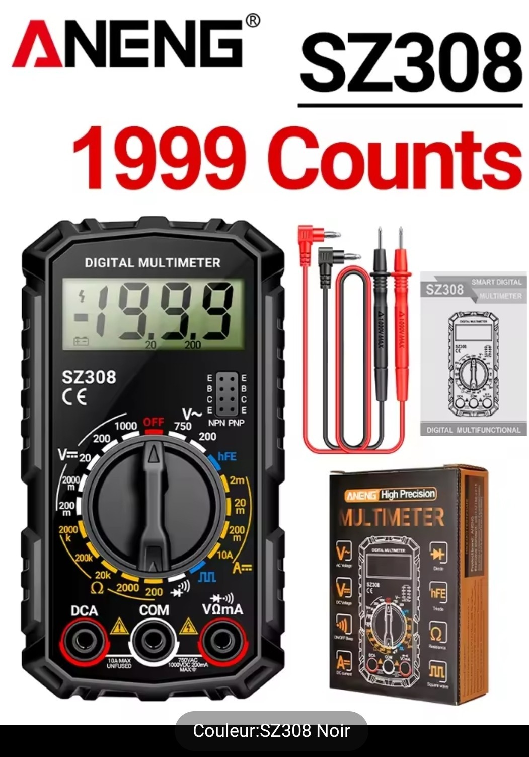 Multimètre numérique compact ANENG SZ308 avec testeur de diode et écran rétroéclairé