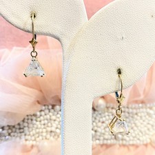 14K Gold Leverback Earrings Faceted Cubic Zirconia Triangle Dangle