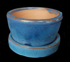Bonsai - Bonsaischale mit Untersetzer - Schalenset - blau glasiert - 9 x 4,8 cm